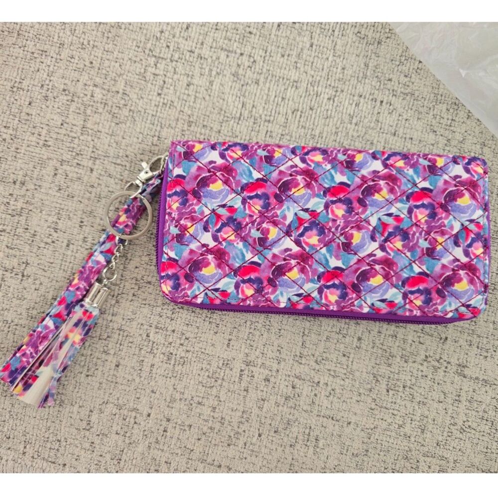 Quilted Floral RFID Wallet Wristlet Purple Pink Blue Zip Organizer